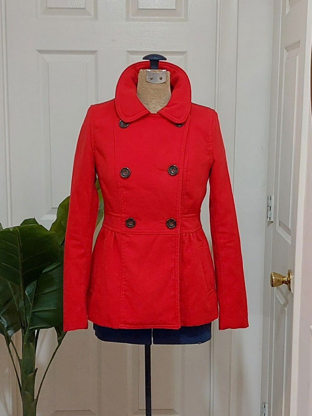 Y2K H&M Divided Red Double-Breasted Pea Coat with Peter Pan Collar Size 6